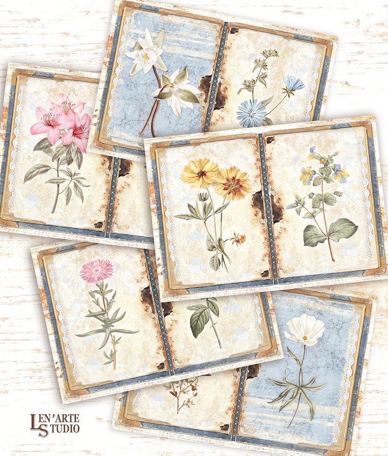 May include: Six vintage-style cards featuring floral illustrations. Each card showcases a different flower, including a white flower, a pink flower, a yellow flower, a blue flower, a pink flower, and a white flower. The cards are adorned with lace and have a distressed appearance.