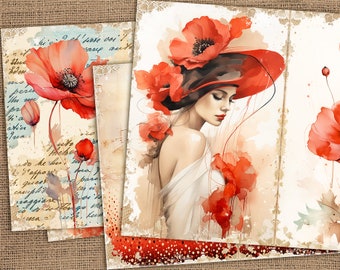 Pages de journal indésirable coquelicots rouges, papier imprimable coquelicots aquarelle, kit de journal indésirable pavot rouge, papier fleurs sauvages vintage, papier fleurs de printemps