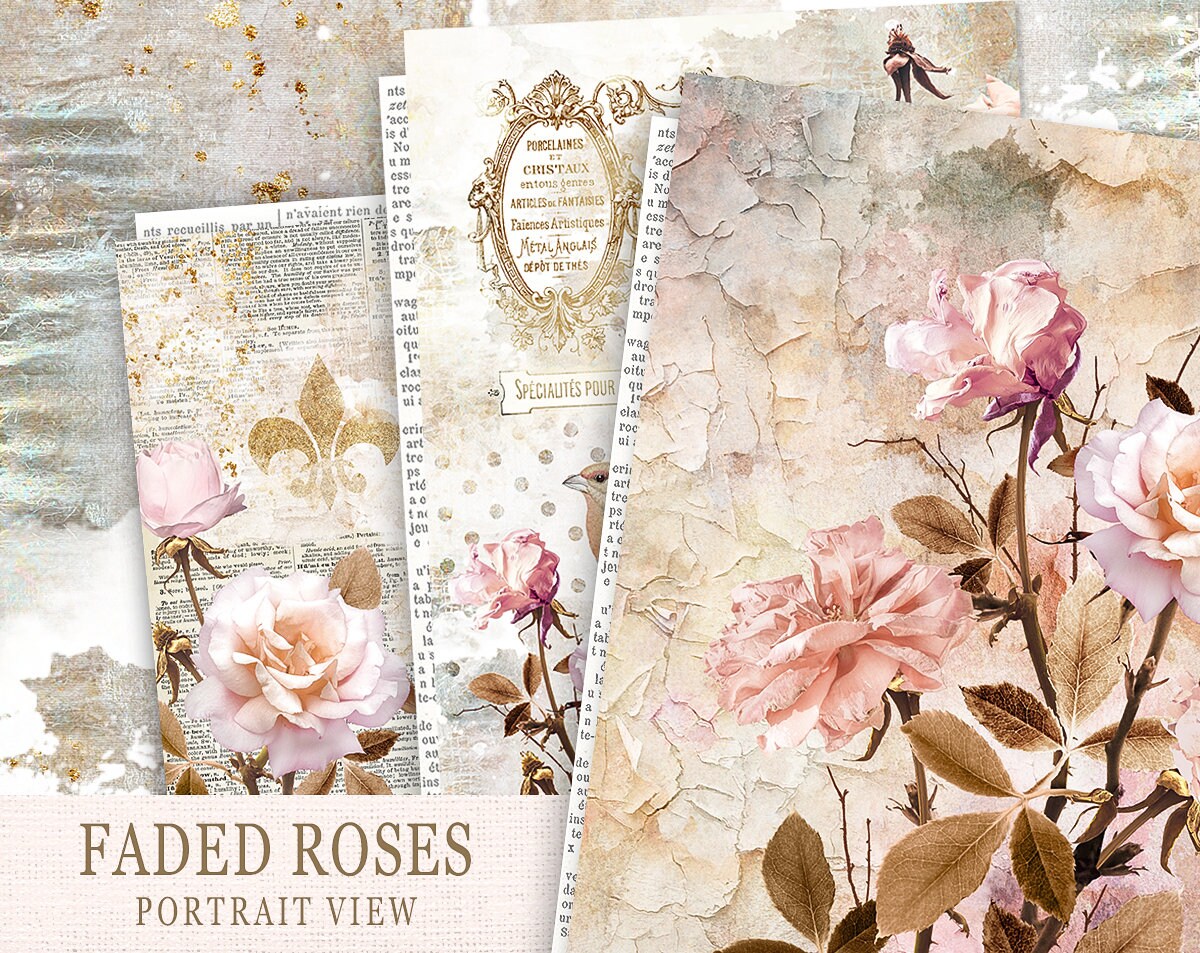 Junk Journal Printable Papers, Faded Roses Paper, Scrapbooking Antiqu…