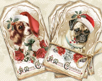 Christmas Journal Tags, Dogs Vintage Ephemera, Dog Journaling Tags, Journal Inserts, Christmas Vintage Tags,Dogs Collage, Christmas Gift Tag