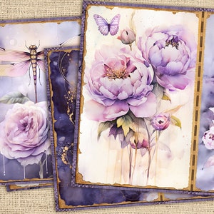 Páginas de diario basura con motivos florales, kit de diario basura con peonías moradas, papel imprimible para diario basura con libélulas, collage digital con flores rosas y mariposas
