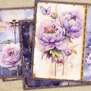 Floral Junk Journal Pages, Purple Peonies Junk Journal Kit, Dragonfly Junk Journal Printable Paper, Pink Flowers Digital Collage,Butterflies