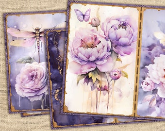 Floral Junk Journal Pages, Purple Peonies Junk Journal Kit, Dragonfly Junk Journal Printable Paper, Pink Flowers Digital Collage,Butterflies