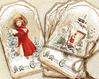 May include: Set of four vintage-style Christmas gift tags with a snowy winter theme. One tag features a girl in a red coat holding a snowball, another tag features a lantern with a lit candle, and all tags have the text "A Merry Christmas" in a decorative font.