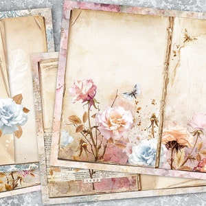 Blank Lined Journal Pages, Junk Journal Basic Papers, Printable Shabby Pages, Faded Roses Paper, Floral Digital, Faded Roses Collage sheet image 1