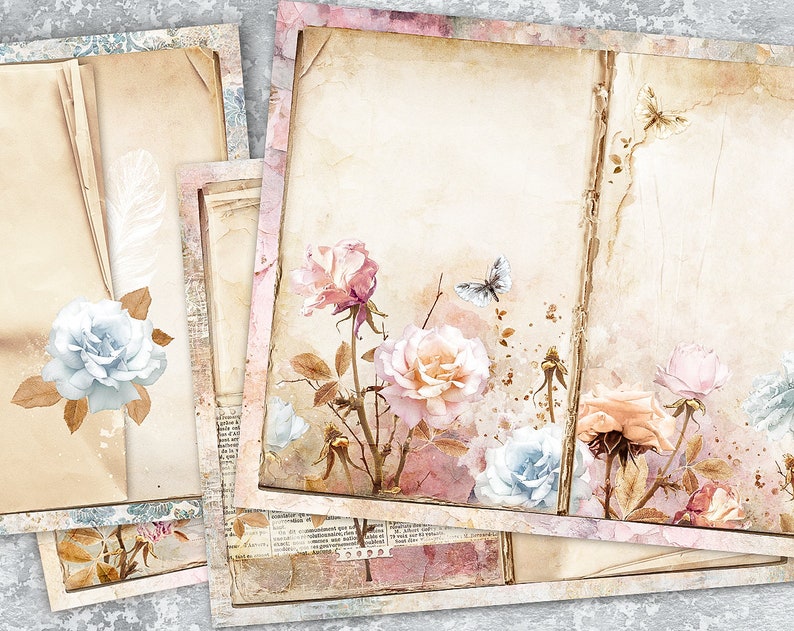 Blank Lined Journal Pages, Junk Journal Basic Papers, Printable Shabby Pages, Faded Roses Paper, Floral Digital, Faded Roses Collage sheet image 1