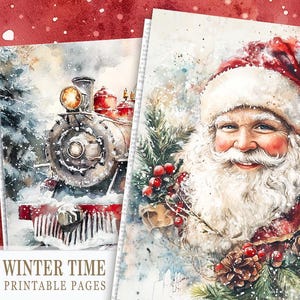 Papéis digitais festivos de Natal, páginas aconchegantes de diário de Natal, cena clássica de Natal, imprimíveis de férias de inverno, Feliz Natal vintage