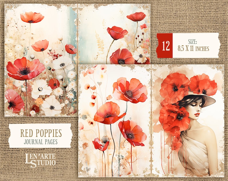 Pages de journal indésirable coquelicots rouges, papier imprimable coquelicots aquarelle, kit de journal indésirable pavot rouge, papier fleurs sauvages vintage, papier fleurs de printemps image 4