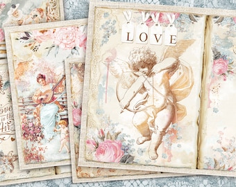Kit de diário lixo, dia dos namorados para impressão, folhas de colagem vintage, páginas de diário romântico, papel antigo, papel digital de amor, impressões de dia dos namorados