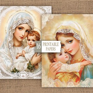 May include: Two paintings of the Virgin Mary holding a baby Jesus. Both paintings are in a soft, warm colour palette with a white lace border. The paintings are set against a hessian background.