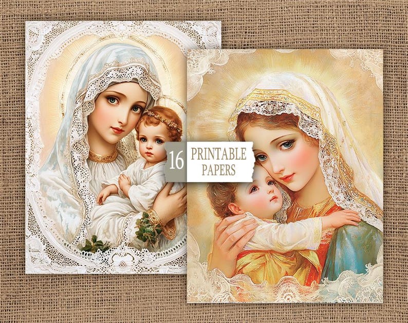 May include: Two paintings of the Virgin Mary holding a baby Jesus. Both paintings are in a soft, warm colour palette with a white lace border. The paintings are set against a hessian background.