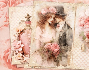 Papéis digitais de dia dos namorados, papéis para impressão de diário de lixo do dia dos namorados, diário de lixo romântico, folha de colagem Shabby Chic, papel digital de amor