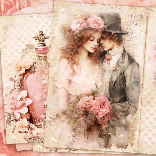 Papiers numériques de la Saint-Valentin, papiers imprimables du journal indésirable de la Saint-Valentin, journal indésirable romantique, feuille de collage Shabby Chic, papier numérique d’amour