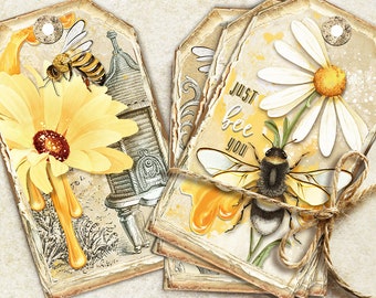 Vintage Journal Bees Tags, Honey Bee Journaling Tags,Bee Journal Inserts, Bumblebee,Embellishment, Printable Gift Tags,Junk Journal Supplies