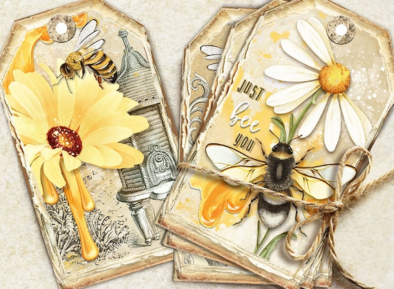 Vintage Journal Bees Tags, Honey Bee Journaling Tags,Bee Journal Inserts, Bumblebee,Embellishment, Printable Gift Tags,Junk Journal Supplies