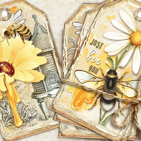 Vintage Journal Bees Tags, Honey Bee Journaling Tags,Bee Journal Inserts, Bumblebee,Embellishment, Printable Gift Tags,Junk Journal Supplies