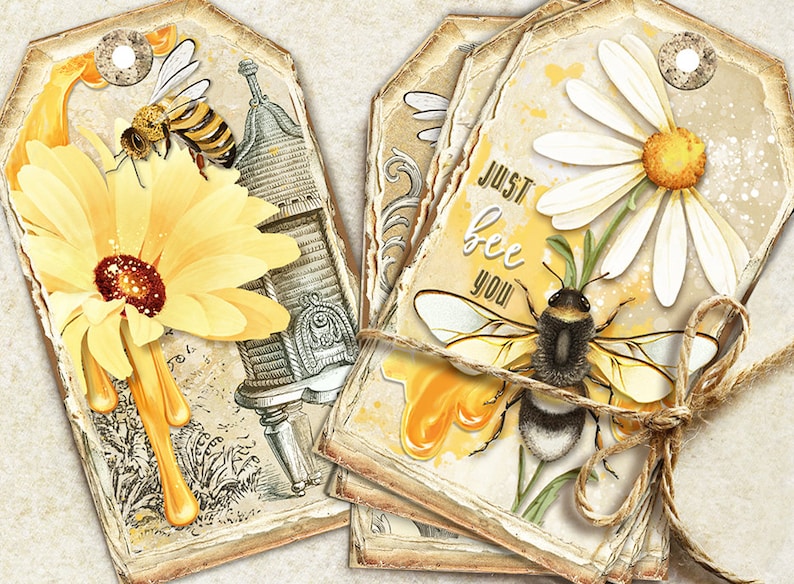May include: Set of six vintage-style gift tags with a bee and flower theme. The tags are decorated with images of bees, flowers, and honeycombs. The text "Just bee you" is printed on one of the tags.