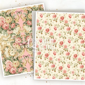 May include: Two digital paper designs featuring pink roses and butterflies. The first design has a pink background with gold accents and a more detailed floral pattern. The second design has a cream background with a smaller, more repetitive floral pattern.