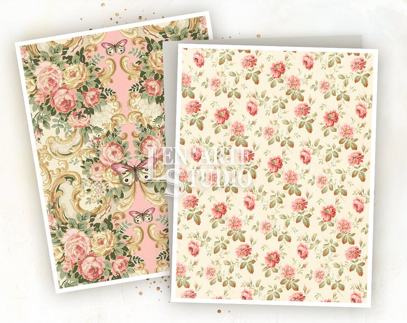 May include: Two digital paper designs featuring pink roses and butterflies. The first design has a pink background with gold accents and a more detailed floral pattern. The second design has a cream background with a smaller, more repetitive floral pattern.