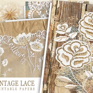 Vintage afdrukbaar kantpapier, digitale kantcollagevellen, Lace Junk Journal Kit, Junk Journal afdrukbaar papier, kanten versiering, decoupage
