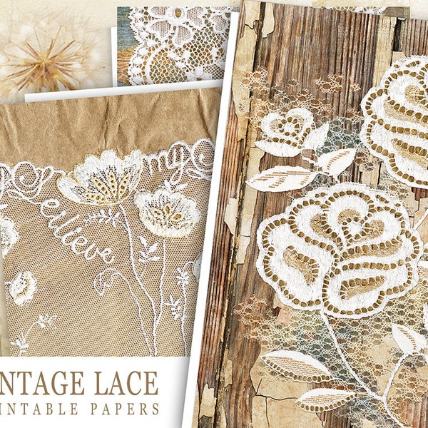 Vintage Lace Printable Papers,  Digital Lace Collage Sheets, Lace Junk Journal Kit,Junk Journal Printable Paper,Lace Embellishment,Decoupage