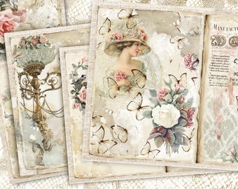 Kit de journal indésirable vintage, feuilles de collage belle femme, pages imprimables anciennes, papiers roses et dentelle, téléchargement shabby chic, éphémères vintage