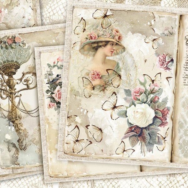 Kit de journal indésirable vintage, feuilles de collage belle femme, pages imprimables anciennes, papiers roses et dentelle, téléchargement shabby chic, éphémères vintage