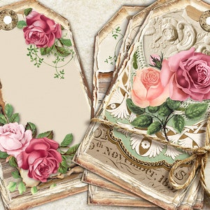Etiquetas para diario con rosas vintage, etiquetas botánicas imprimibles, efímeras de flores, imágenes de rosas rojas, suministros para diarios basura, insertos para diarios, etiquetas para regalos