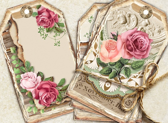 Vintage Roses Journal Tags, Botanical Printable Tags, Flowers Ephemera, Red Roses Image, Junk Journal Supplies, Journal Inserts, Gift Tags