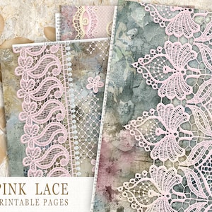 Papel de diário lixo de renda digital, folhas de colagem de renda rosa, kit de diário de lixo imprimível, papel de renda rosa vintage, folhas de colagem de renda