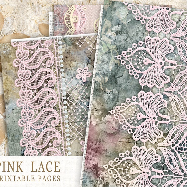 Digital Lace Junk Journal Paper, Pink Lace Collage Sheets, Printable Junk Journal Kit, Vintage Pink Lace Paper, Lace Collage Sheets
