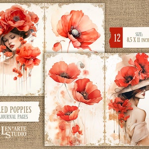 Pages de journal indésirable coquelicots rouges, papier imprimable coquelicots aquarelle, kit de journal indésirable pavot rouge, papier fleurs sauvages vintage, papier fleurs de printemps image 6