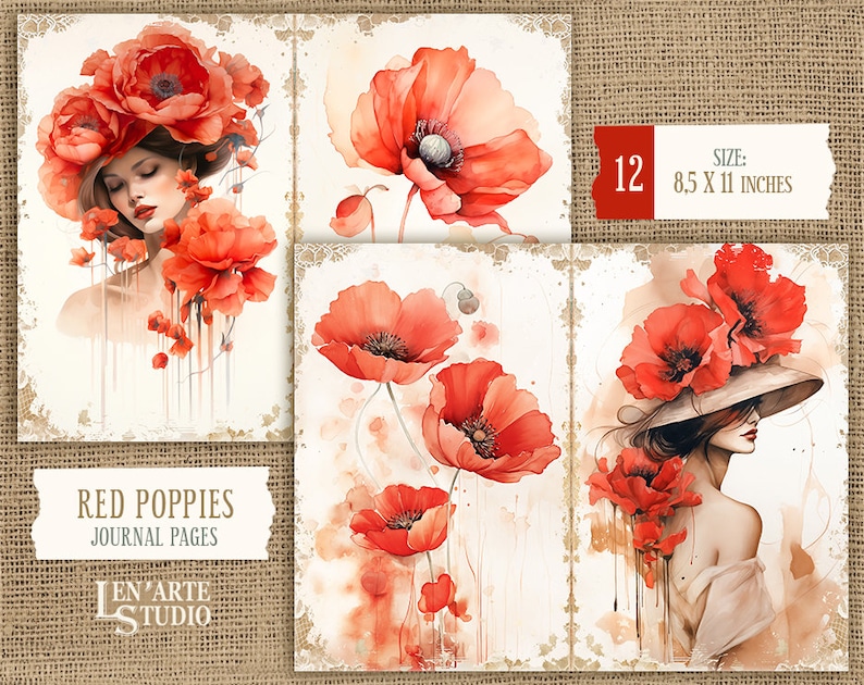 Pages de journal indésirable coquelicots rouges, papier imprimable coquelicots aquarelle, kit de journal indésirable pavot rouge, papier fleurs sauvages vintage, papier fleurs de printemps image 6