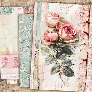 Basic Junk Journal Pages, Floral Junk Journal Kit, blanco roze papieren, rozen shabby chic papier, vintage kantpapier, afdrukbare pagina's schrijven
