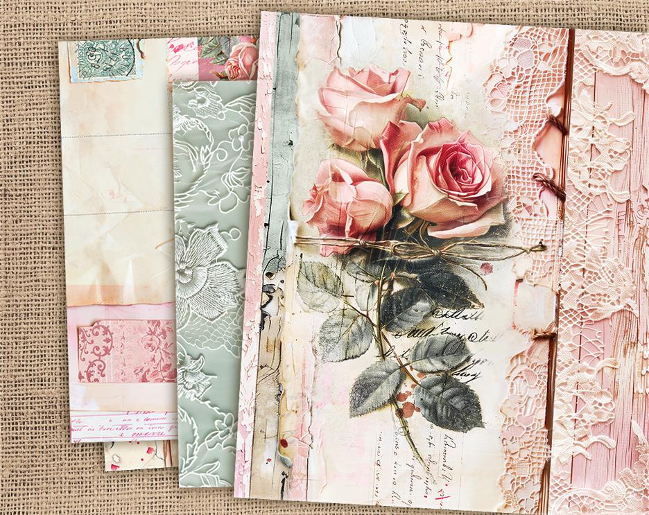 Basic Junk Journal Pages, Floral Junk Journal Kit, Blank Pink Papers, Roses Shabby Chic Paper, Vintage Lace Papers, Writing Printable Pages