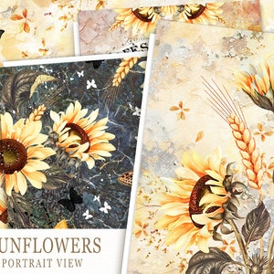 Papiers imprimables Tournesol, Papiers numériques tournesol, Papiers numériques floraux, Papiers vintage, Feuille de collage tournesols, Papier d'automne
