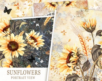Papéis imprimíveis do diário de lixo de girassol, papéis digitais de girassol, papéis digitais florais, papéis vintage, folha de colagem de girassóis, papel de outono