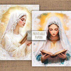 May include: Two printable images of a woman in a white veil and gown holding a book. The woman in the left image is looking to the right, while the woman in the right image is looking down at the book. The text "16 Printable Papers" is in the centre of the image.