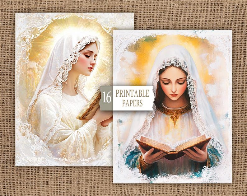 May include: Two printable images of a woman in a white veil and gown holding a book. The woman in the left image is looking to the right, while the woman in the right image is looking down at the book. The text "16 Printable Papers" is in the centre of the image.