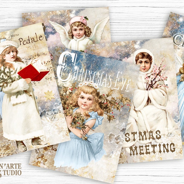 Christmas Angels Card Set, Vintage ATC Cards, Christmas Journal Ephemera, Angels Collage sheet, Printable Ephemera, ACEO Christmas Digital