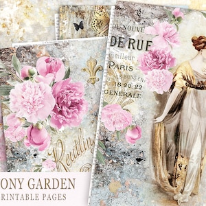 Junk Journal Printable Papers, Vintage Floral Paper, Scrapbooking Antique Papers, Peony Collage Sheets, Peony Garden, Peonies Digital Pages