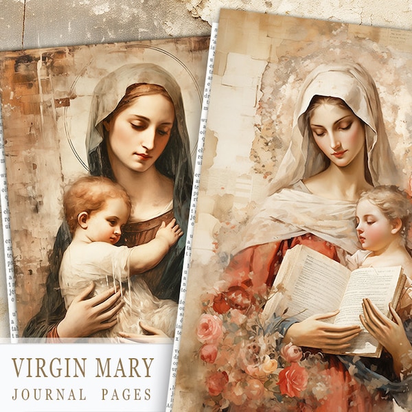 Religious Junk Journal Printable Paper, Virgin Mary Printables, Religious Madonna and Child Pages, Prayer Journal Papers, Vintage Saint Mary