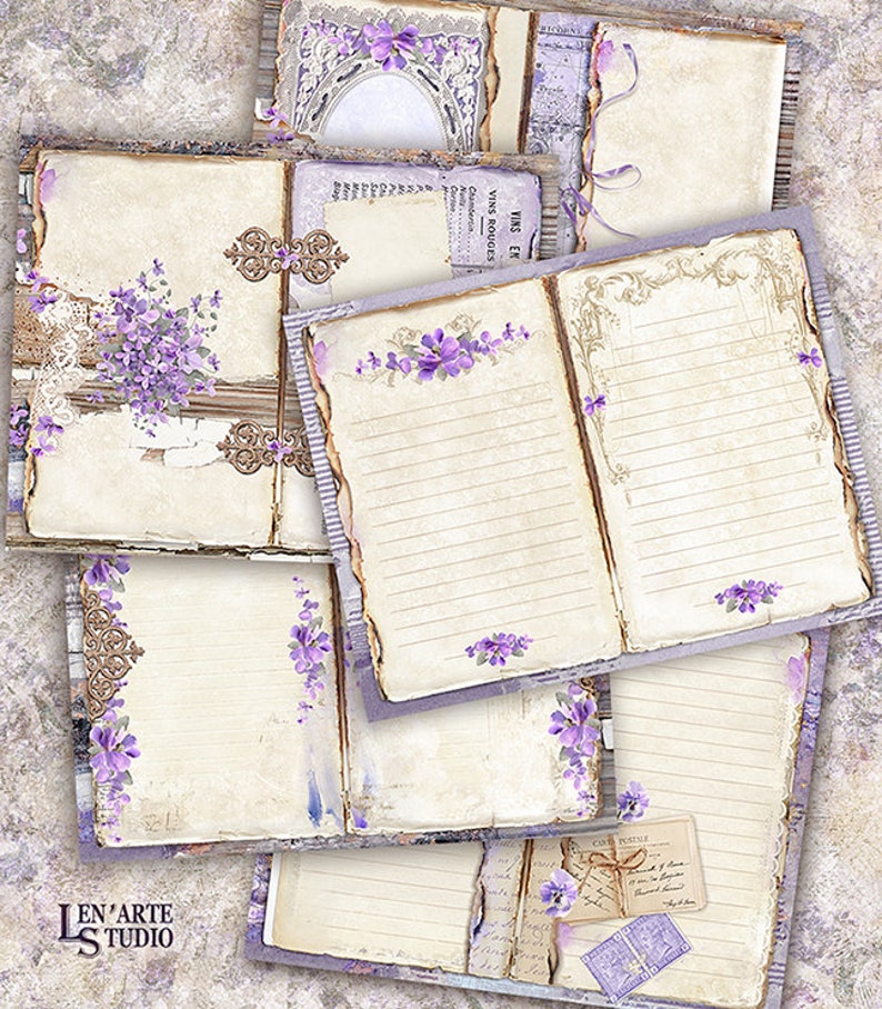 May include: A set of six vintage-style journal pages with a distressed, aged look. The pages feature a purple floral design with a lace overlay and gold accents. The pages are perfect for scrapbooking, journaling, or crafting.