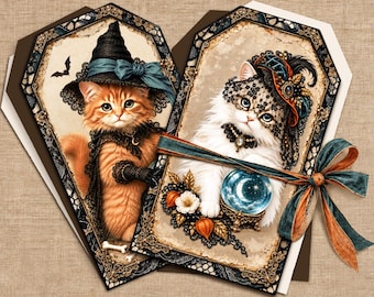 Halloween Cat Tags, Set of 6 Vintage Cat Designs, Victorian Ephemera, Printable Junk Journal