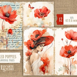 Pages de journal indésirable coquelicots rouges, papier imprimable coquelicots aquarelle, kit de journal indésirable pavot rouge, papier fleurs sauvages vintage, papier fleurs de printemps image 2