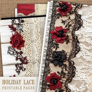 Urlaub Spitze Journal Papiere, Druckbare Weihnachten Spitze Shabby Chic Seiten, Winter Spitzen Kit, Digitale Spitze Collage Sheet, Rote Spitze, Kartenherstellung
