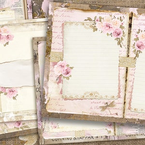 Blanko linierte Journalseiten, Junk Journal Basic-Papiere, druckbare Shabby-Seiten, rosa Rosenpapier Vintage, Rosen-Collageblatt, rosa linierte Papiere Bild 1