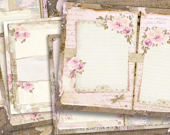 Blanko linierte Journalseiten, Junk Journal Basic-Papiere, druckbare Shabby-Seiten, rosa Rosenpapier Vintage, Rosen-Collageblatt, rosa linierte Papiere