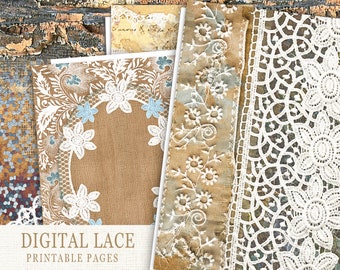 Printable Lace Junk Journal Paper, Digital Lace Collage Sheets, Digital Junk Journal Kit, Vintage White Lace Paper, Lace Journal Pages