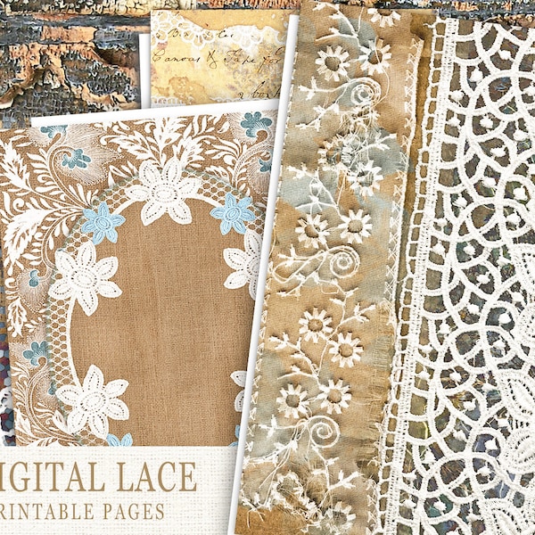 Printable Lace Junk Journal Paper, Digital Lace Collage Sheets, Digital Junk Journal Kit, Vintage White Lace Paper, Lace Journal Pages